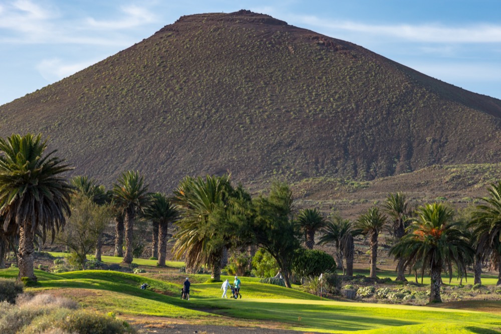 Costa Teguise: palmeras y el volcán detrás